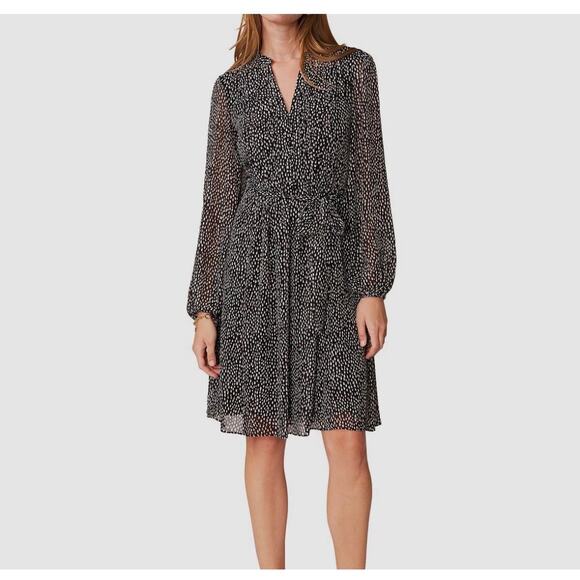 MSK Women's Black Printed Pintucked Split Neck Tie at Waist A-Line Dress Size 14 - Picture 1 of 16